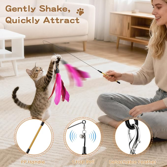 Pawaboo Feather Teaser Cat Toy, Interactive Wands Cats Toy Flying Feathers Cat Catcher with Extra Long 34.5" Wand and Small Bell, Playing Toys, 1 Wand + 10 Feathers, Multi-Color Feather Blend