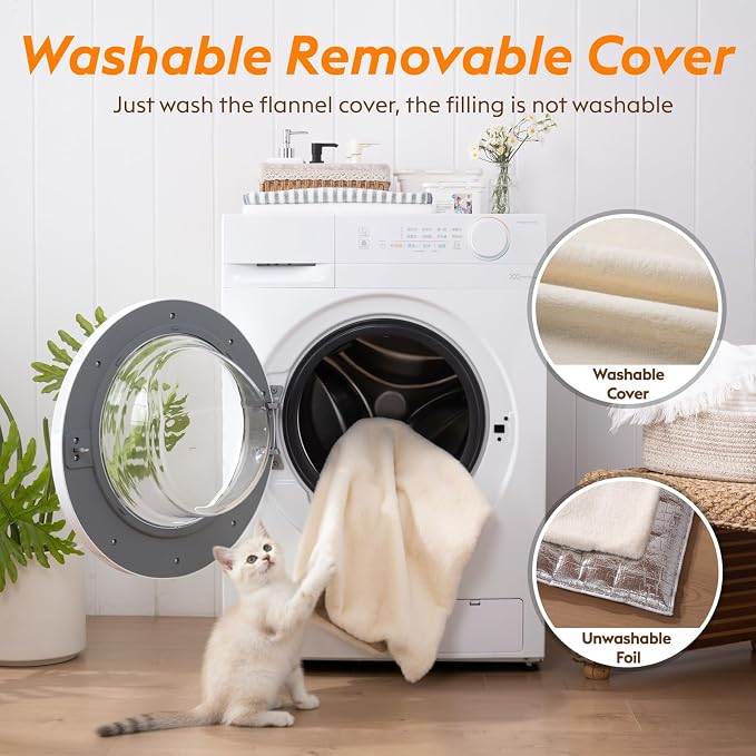 FunFurry Self Warming Cat Bed, Heating Cat Pad, Extra Soft Flannel Surface, Removable ＆ Washable, Thick Thermal Mat with Non-Slip Bottom (Ivory, 24" X 18")