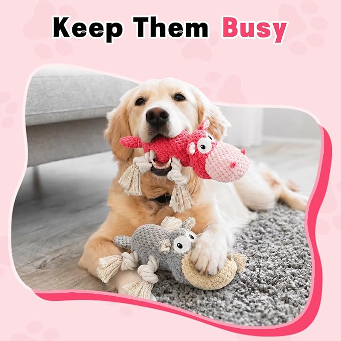 TOOPTATE Squeaky Dog Toy Set - 2-Pack Plush Dog Toys for Small Medium Large Dogs, Keep Them Busy (Gray & Pink, Medium)