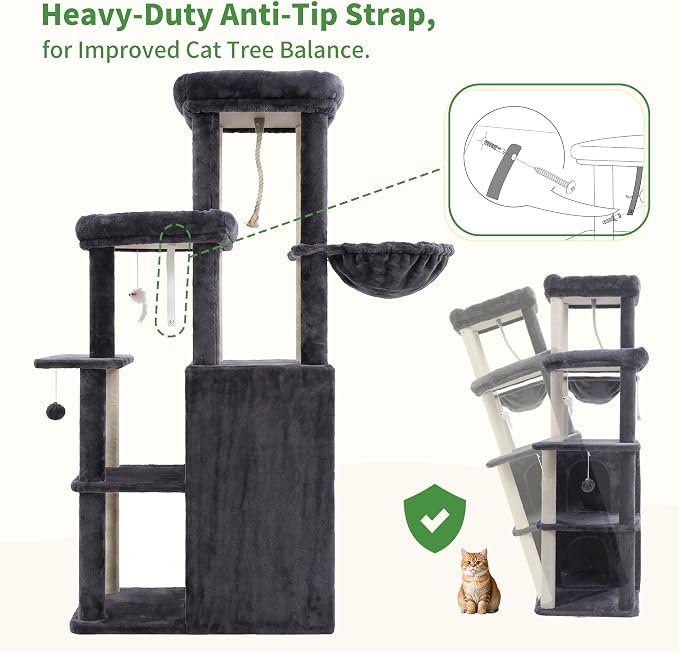 Heybly Cat Tree, 59.4" Secure Anti-Tip Cat Tower for Large Cats, Spacious Cat Furniture with Dual-Tier Cat Condo, 2 Top Perches, Hammock and Sisal Scratching Posts, Smoky Gray HCT055G