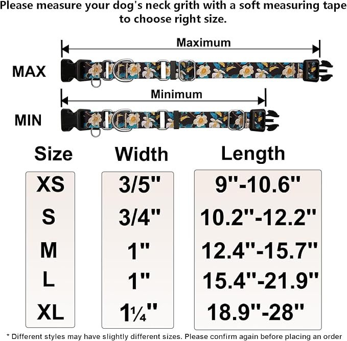 Martingale Collar for Dogs Floral Dog Collars for Small Medium Large Dogs with Buckle Adjustable Soft Nylon Dog Collar (Luxury Golden Flowers, Small)