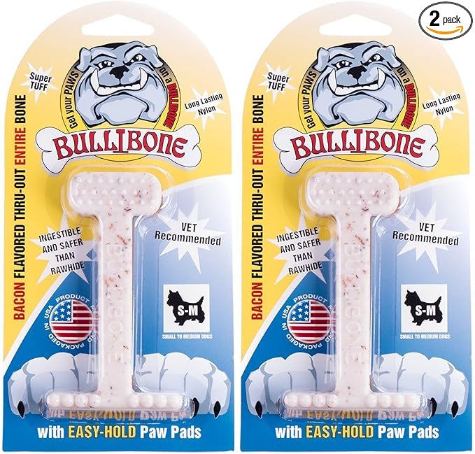 Bullibone Nylon Dog Chew Toy for Aggressive Chewers - Dental Hygiene Bone with Bacon Flavor, Durable Tough Chew Toys for Small Dogs, Indestructible Dog Bone - 2 Pack
