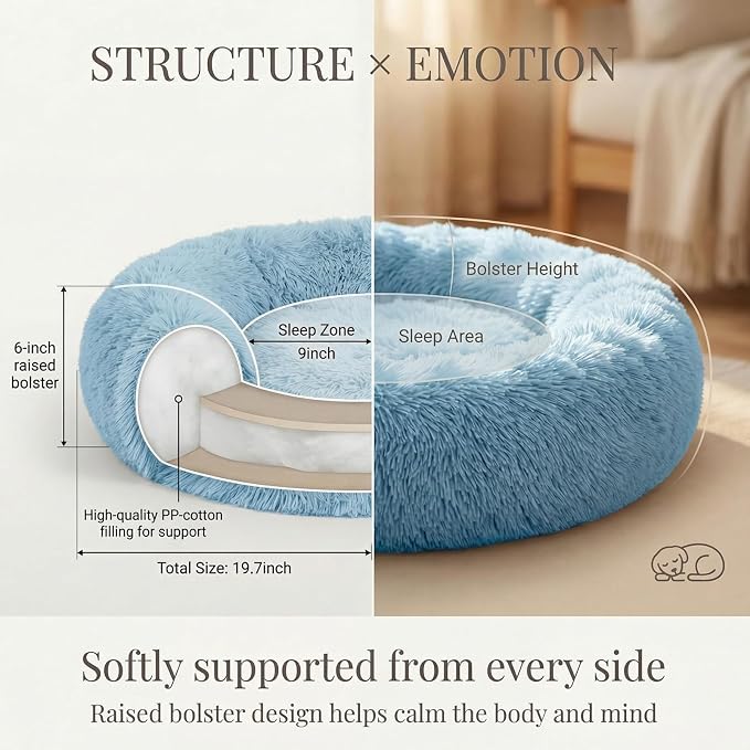Calming Donut Dogs Beds for Small Dogs Washable,19inch Fluffy Round Puppy Bed for Puppies,Cats & Toy Breeds with Raised Rim,Fits up to 15 lbs Pets,Washed Blue