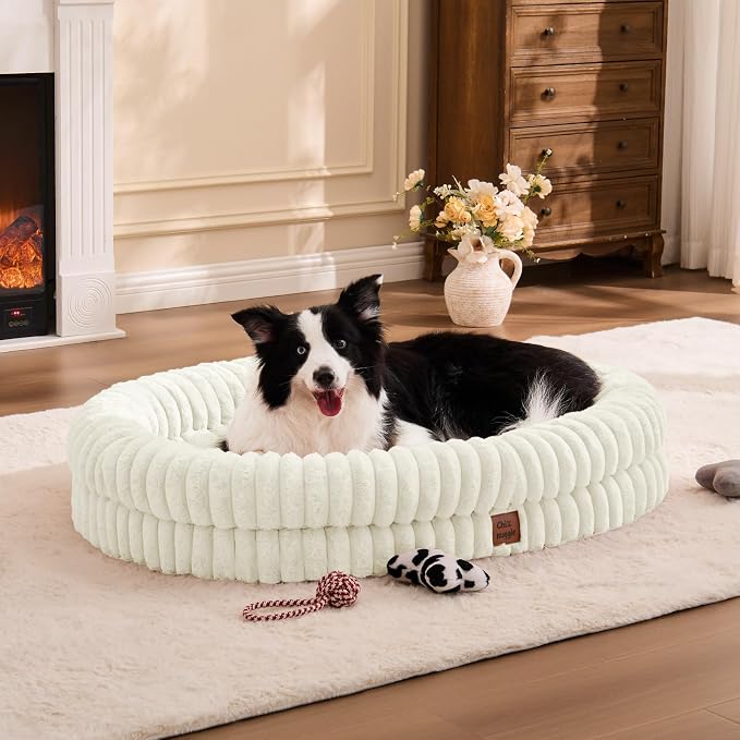 ChiXnuggle Orthopedic Dog Bed for XL Dogs, Waterproof Faux Rabbit Fur Dog Couch with Egg Crate Foam Support and Washable Removable Cover, Bolster Pet Sofa with Non-Slip Bottom, 41x30x7, Cream