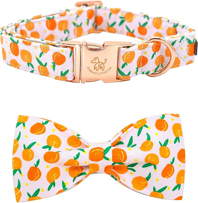 Elegant little tail Dog Collar, Peach Pattern Pet Collars with Bow Girl Cotton Bowtie Collars Spring Puppy Gift Adjustable Pet Collar for Large Dogs
