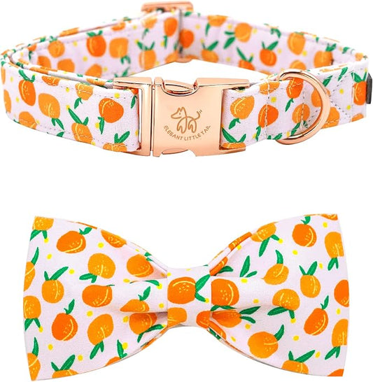 Elegant little tail Dog Collar, Peach Pattern Pet Collars with Bow Girl Cotton Bowtie Collars Spring Puppy Gift Adjustable Pet Collar for Large Dogs