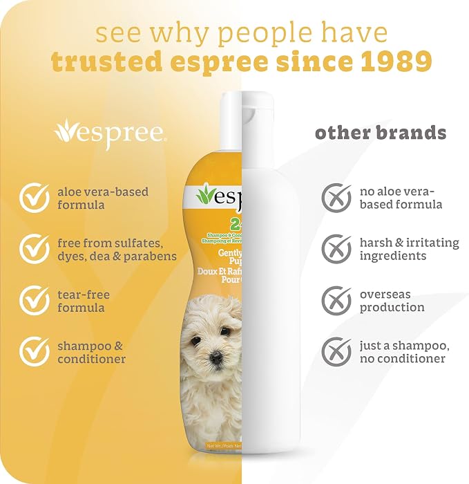 Espree Gentle Fresh Puppy Shampoo & Conditioner, Tearless Formula with Aloe Vera, Sulfate-Free, Paraben-Free, Harsh Chemical and Dye-Free, Safe for Dogs with Sensitive Skin, 20oz