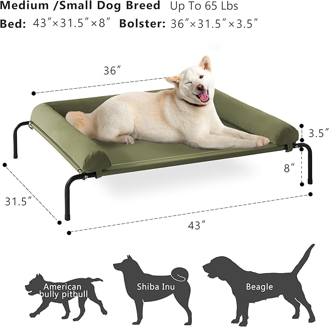 Cooling Elevated Dog Bed for Large Dogs, Outdoor Raised Dog Beds Portable Dogs Cot Bed W/Breathable Mesh, Pet Cots W/Removable Waterproof Bolster