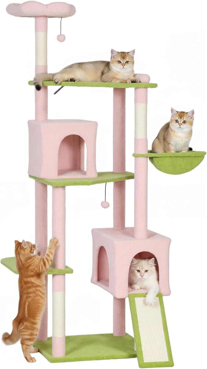PawHut Flower Cat Tree, 74" Large Cat Tower for Indoor Kittens with 2 Spacious Condos, Sisal Scratching Posts, 2 Hanging Balls, Perches, Ramp, Bed, Pink