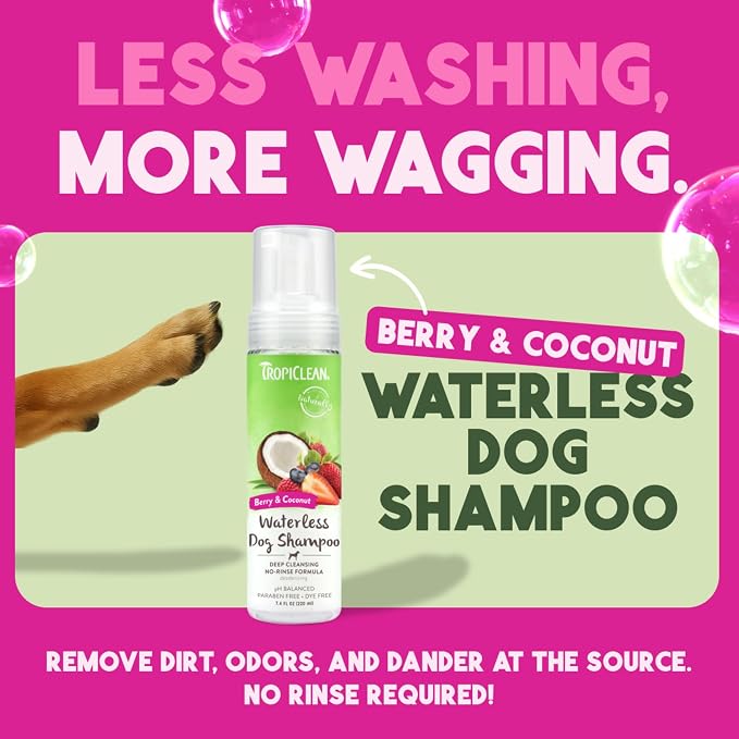 TropiClean No Rinse Waterless Dog Shampoo | Detangling and Deodorizing Dry Shampoo for Smelly Pets | Moisturizes Dry Skin | USA Made | Berry Scent | 7.4oz