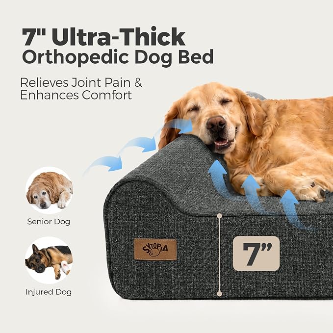 Sytopia 7" Thick Orthopedic Dog Beds for Extra Large Dogs (50" x 34" x 10"), Chew Proof Fabric Cover, 35D Memory Foam Dog Beds with Durable Waterproof Liner & Removable Washable Cover, Black