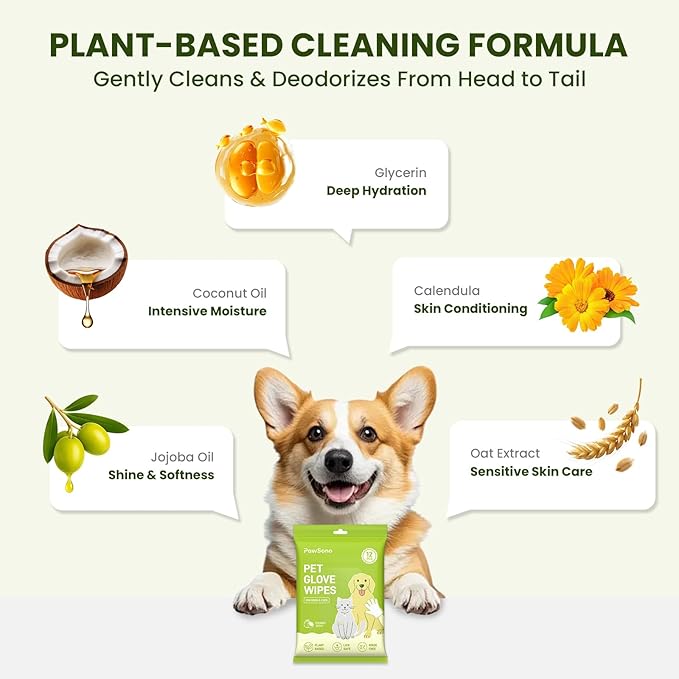 12PCS Hypoallergenic Pet Glove Wipes for Dogs, Cats & Small Animals | No-Rinse Deodorizing Dog Wipes for Paws, Butt, Eyes & Ears | Pet Wipes for Stain & Odor Cleanup Between Baths & Travel
