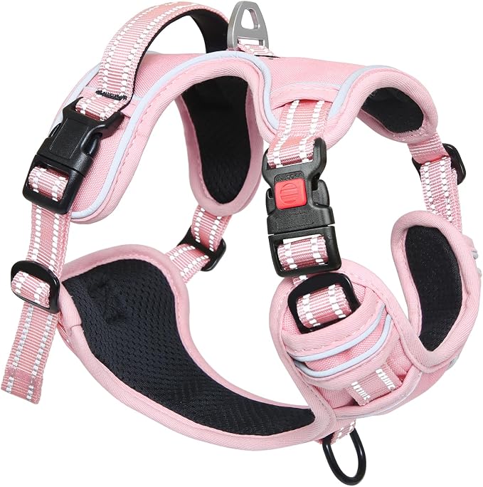 Timos Dog Harness Large Sized, No Pull Pet Harness with Neck Lockable Snap,No Choke Front Clip Dog Reflective Vest,Adjustable Metal Rings 3 Buckles,Easy Control Handle for Large Dogs Pink L