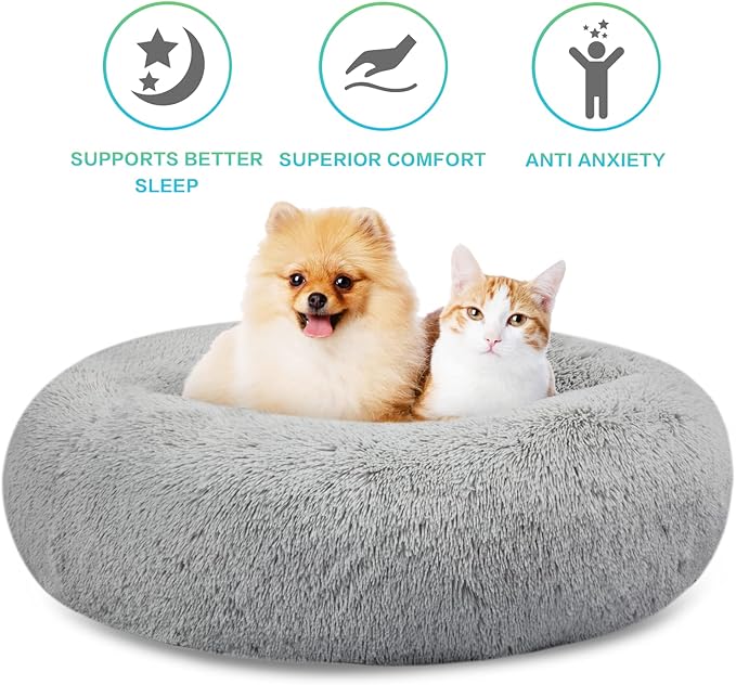 SAVFOX 23 inches Calming Donut Dog Bed - 3X Durable Plush Faux Fur, Machine Washable & Non-Slip, Fits up to 25 lbs, Light Grey
