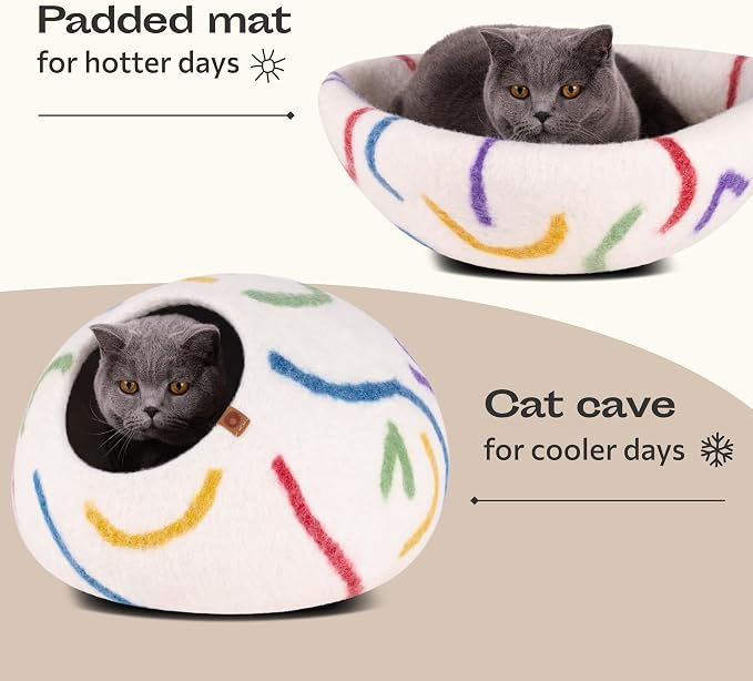 MEOWFIA Cat Cave – Premium Felt Cat Enclosure for Indoor Cats, Handmade Merino Wool (Ivory Rainbow, Large)