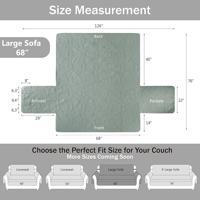 Sage Blue Quilted Sofa Cover, Anti-Slip Medallion Designed Couch Covers for 3 Cushion Couch, Sofa Slipcovers for Dogs Cats Water-Repellent, Machine Washable (Large Sofa 68", Sage Blue)
