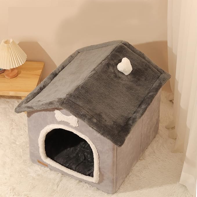 Cozy Plush Cave Bed Safe Haven for Small Pets - Foldable Kennel with Removable Washable Cover, Portable Indoor House with Sherpa Lining for Dogs Cats (Small)