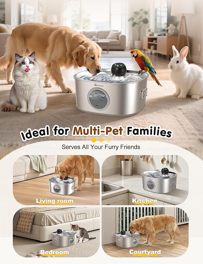10L/2.64Gal Dog Water Fountain for Large Dogs, Automatic Dog Water Bowl Dispenser with APP 2.4G WiFi, Multi-Filtered Stainless Steel Cordless Pet Water Dispenser for Multi-Pet Home