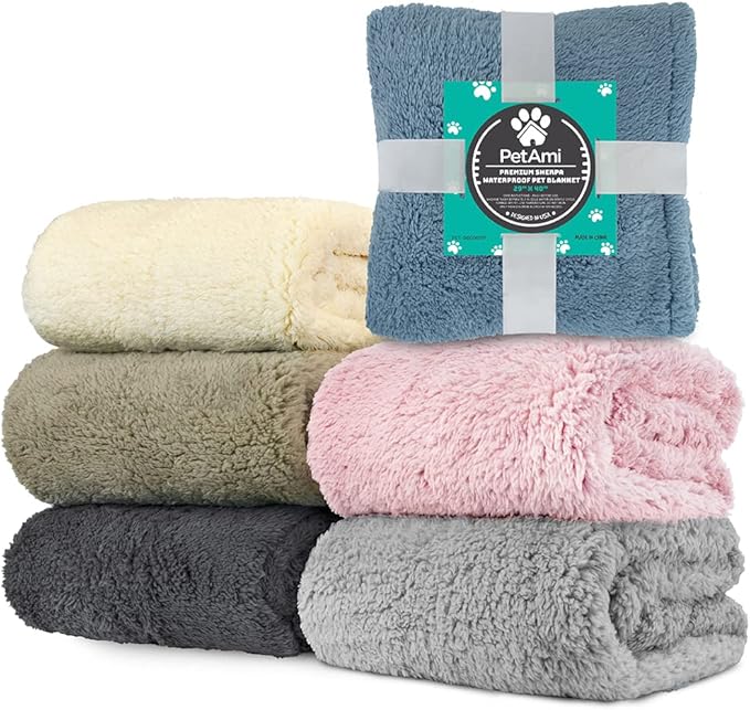 PetAmi Fluffy Waterproof Dog Blanket for Couch and Bed, Reversible Sherpa Pet Throw, Pee Proof Furniture Protector Sofa Cover, Washable Cat Blanket for Small Medium Dogs and Cats (Beige Cream, 29x40)