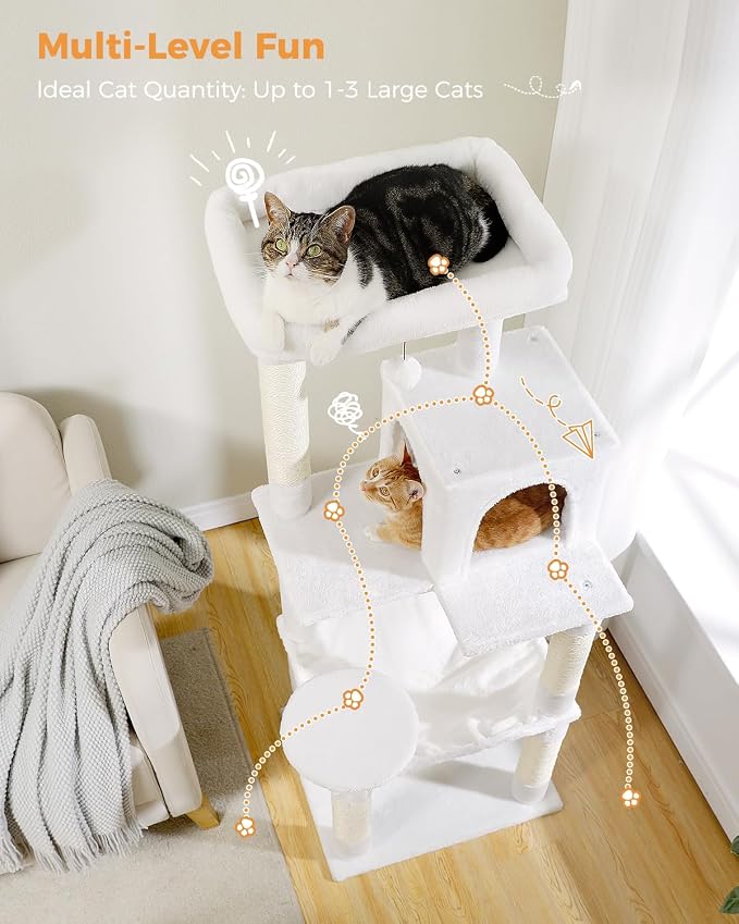 MUTTROS Cat Tree for Large Cats with Metal Plush Big Hammock, 56.3" Cat Tower for Indoor Cats with 2 Door Condo House, 6-Tier Cat Shelves with Scratching Posts and Large Top Perch, Cream White