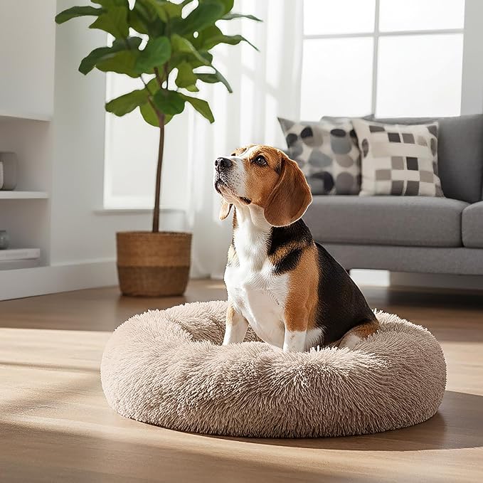 PetAmi Calming Dog Bed for Small & Medium Dogs, Cats & Puppy, Warming Round Donut Cuddler Bed, Anti-Anxiety Fluffy Shaggy Faux Fur Pet Bed, Machine Washable, Non-Slip Bottom, 30 Inch - Taupe