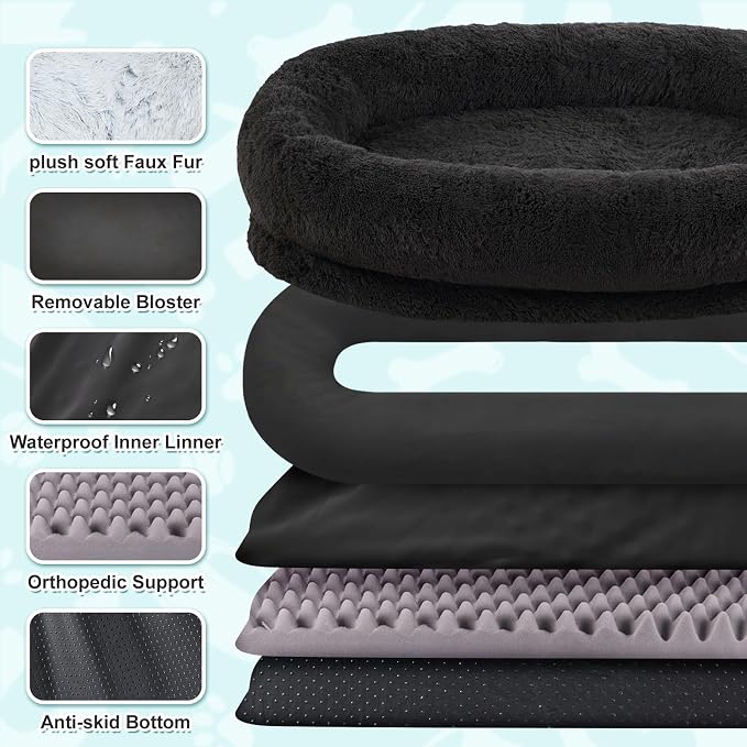 YAEM Black Human Dog Bed for Adult and Pets - 71"x45"x12" Dogs Beds for Humans with Washable Faux Fur Cover, Plump Pillow, Blanket, Orthopedic Design & Strap