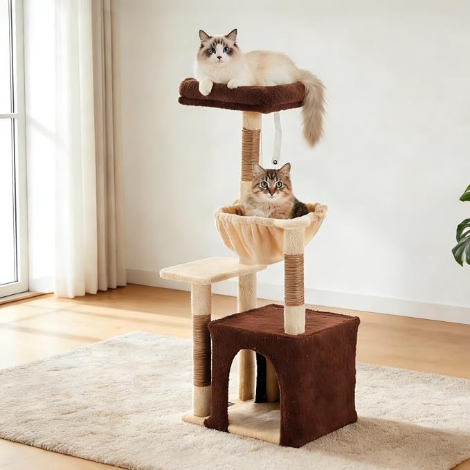 Cat Tree for Indoor Cats, 39.8-inch Cat Tower with 2 Plush Perches for Play & Rest, 1 Cozy Hideaway, Dangling Toy & Full Sisal Scratching Posts for Small Cats, Brown