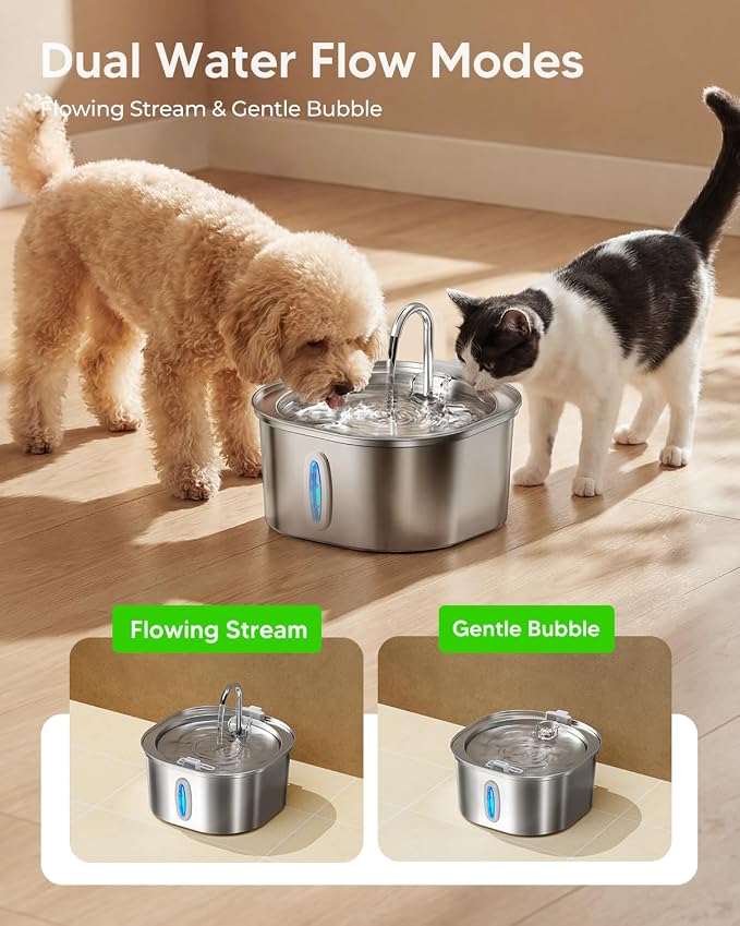 PEKTACO Stainless Steel Cat Water Fountain, 3.2L/108oz Cat Water Dispenser with Quiet Water Pump and Water-Level Window, Dishwasher Safe Pet Drinking Fountain for Cats with 6 Filters + 6 Sponges