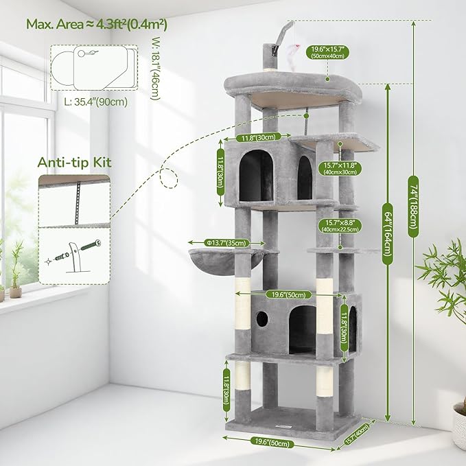 Globlazer 74in Cat Tree for Indoor Cats Large Adult, Heavy Duty Cat Tower with 5 Sisal Scratching Posts, 2 Caves, Oversized Top Perch, Hanging Basket, F74B, Light Grey