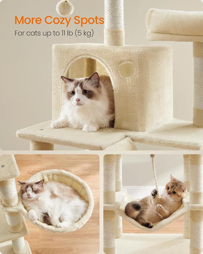 Feandrea Cat Tree, 66.1-Inch Large Cat Tower, Multi-Level Plush Condo with 13 Scratching Posts, 2 Perches, 2 Caves, Basket, Hammock, Pompoms, Beige UPCT165M01