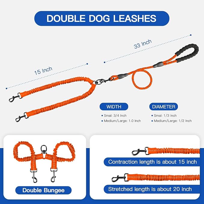 MingXpets Double Dog Leash, Dual Dog Leash, 360° Swivel Tangle Free Bungee Walking Training for Large Medium Dogs, Shock Absorbing Bungee Reflective for Two Dogs, 18~120 lbs, Orange