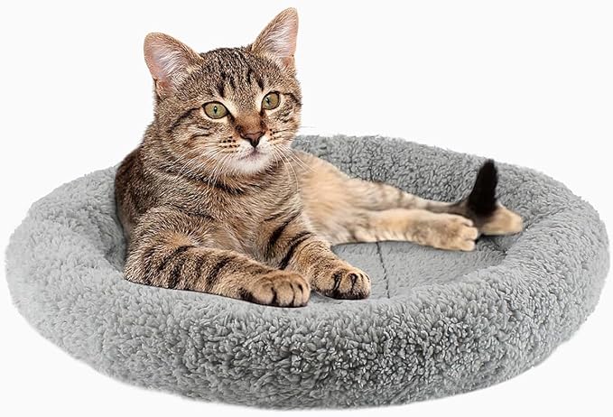 Cat Bed Mat for Indoor Cats, 15.75" Round Pad with Pillow Around, Self Warm Pet Bed for Cats Dogs Rabbit Curling Sleep/Nap, Antiskid Bottom, Washable, Medium