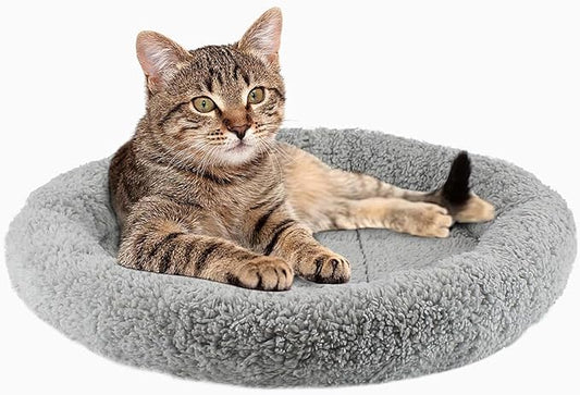 Cat Bed Mat for Indoor Cats, 15.75" Round Pad with Pillow Around, Self Warm Pet Bed for Cats Dogs Rabbit Curling Sleep/Nap, Antiskid Bottom, Washable, Medium