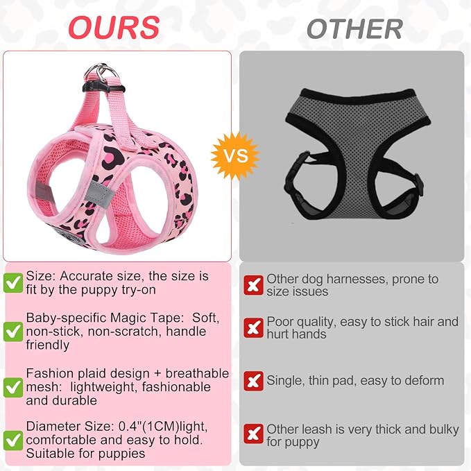 BEAUTYZOO Step in Dog Harness and Leash Set,Reflective Dog Harness No Pull No Choke Puppy Harness for Small Medium Large Dogs Cats,Soft Padded Mesh Vest Harnesses for Girl and Boy Pet,Leopard Pink XS