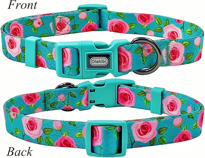Dog Collar and Leash Set, Rose Pattern, Polyester Material, 5ft Matching Leash, for Medium Dogs.(M, Green Rose Set)