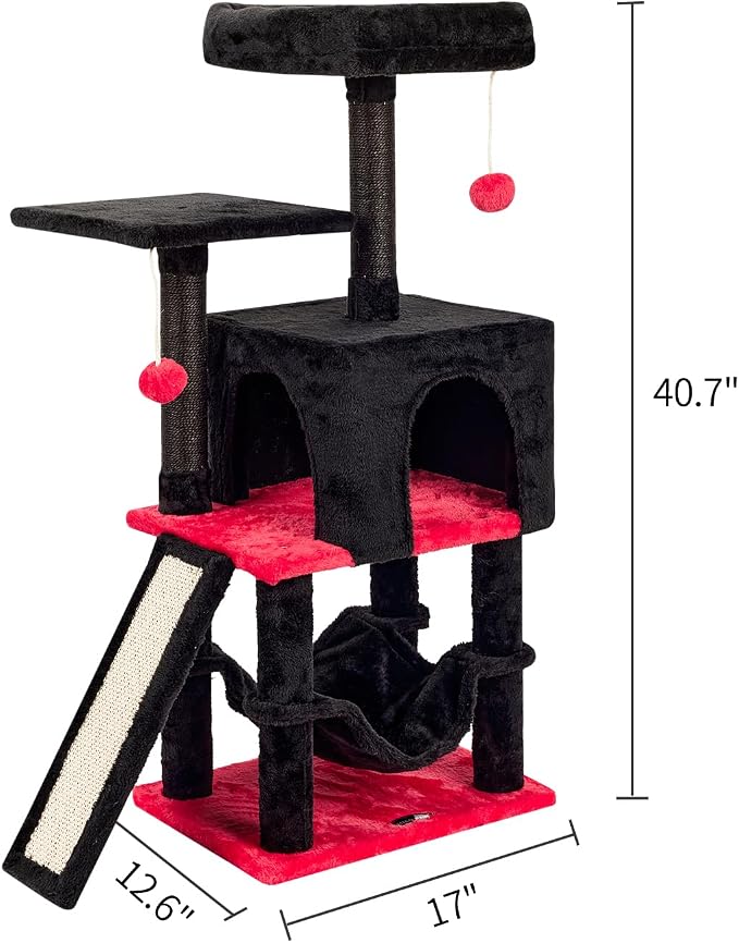 Gothic Cut Cat Tree with Coffin Bed for Indoor Cats Cat Tower with Scratching Post Modern Activity House for Large Cats Condo with Board Kittens Cave Hammock Hanging Ball RED Black