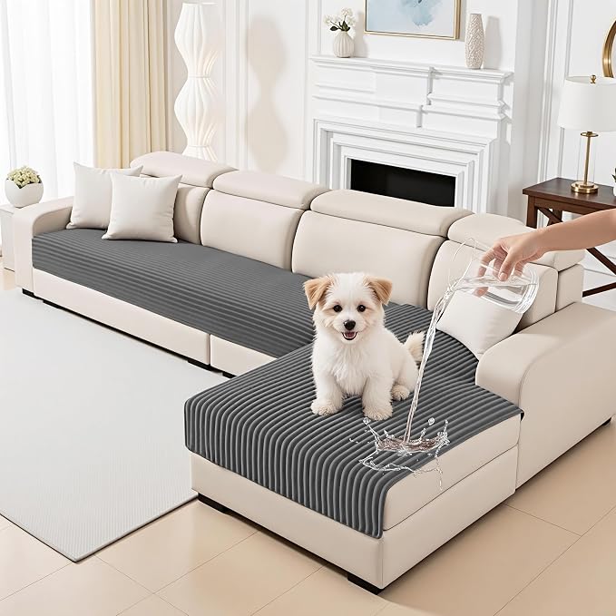 MYSKY HOME Couch Cover for Sofa, 100% Waterproof Couch Covers for Pets, Couch Covers for Dogs, L Shaped Non Slip 2 PCS Sofa Slipcovers, L Shape Sofa Cover Washable, Dark Grey, 35"x63"+35"x70.9"