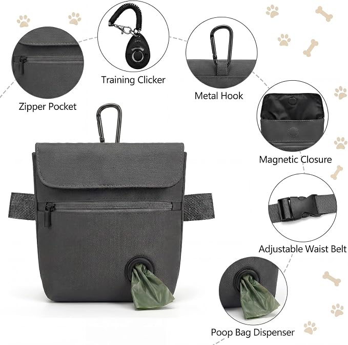 Dog Treat Pouch and Dog Training Clicker, Treat Bag with Poop Bag Dispenser, Powerful Magenetic Clasp, Metal Clip Waist Belt Fanny Pack for Pet Walk Dog Training (Dark Grey)