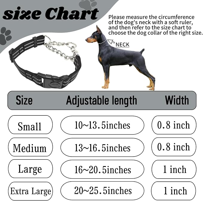 Martingale Dog Collars, Reflective Nylon Collar with Stainless Steel Chain, Adjustable Walking Training Dog Collars with Quick Release Buckle, Suitable for Small Medium Large Dogs(Black,XL)