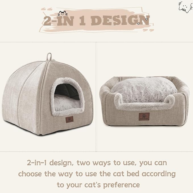 Cat Beds for Indoor Cats - Cat House Cats Tent with Removable Washable Cushioned Pillow, Soft and Self Kitten beds,Pet Bed(Large,Beige)