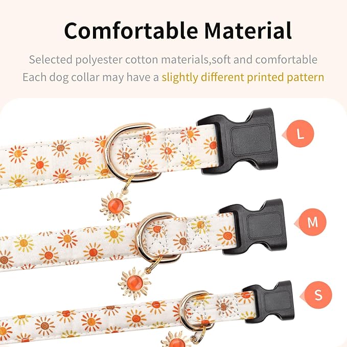 Personalized Dog Collars,Adjustable Puppy Collars with Safety Buckle for Small Medium Large Dogs,Cute and Unique Pink Cherry Pattern Pet Collar for Boy Girl Dogs. (Beige Sun, Medium)
