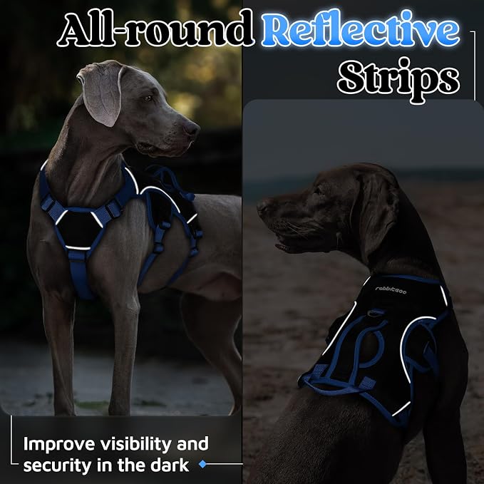 rabbitgoo Escape Proof Dog Harness Large Dogs, Soft Padded Full Body Pet Harness, Reflective Adjustable No Pull Vest with Lift Handle and Leash Clip for Walking Hiking Training, Blue & Black, L