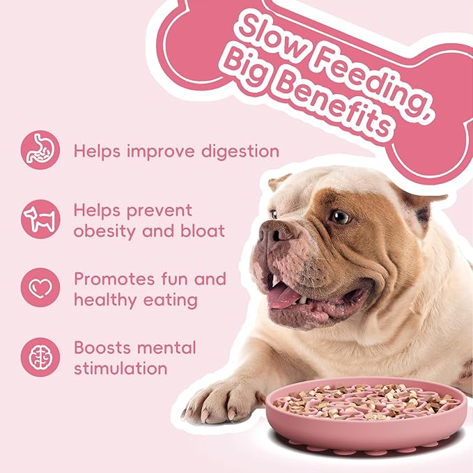 Silicone Slow Feeder Dog Bowl – Pink Bone Pattern | Food-Grade Non-Slip Dog Dish for Anti-Bloat, Fast Eating Prevention, 7.5” x 1.5”, Dishwasher Safe