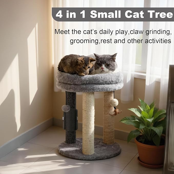 MECOOL 4in1 Small Cat Tree,Scratching Post with Tower Soft Bed, Sisal Carpet Jute Posts with Three Hanging Ball Toys and Massage Brush for Indoor Cats and Kittens