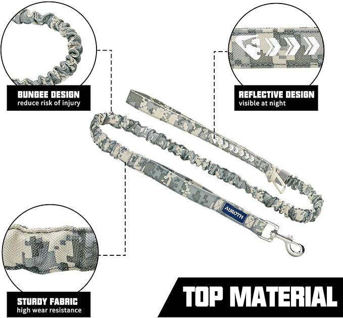 AUROTH Dog Leash Large Dogs, Heavy Duty Dog Leash Bungee, No Pull Leashes for Shock Absorption, Grey Camo Dog Training Leashes for Medium Large Breed Dogs 6FT, 2 Padded Handles