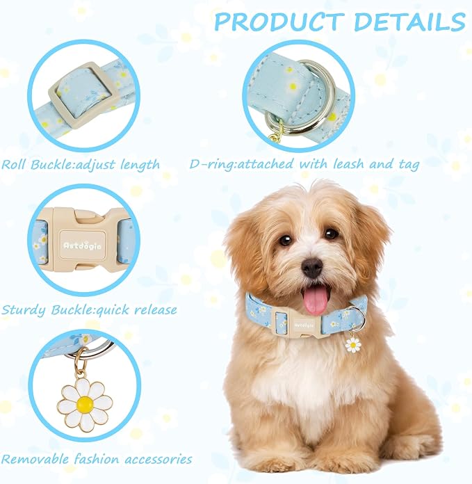Dog Collar for Small Medium Large Dogs, Spring Blue Dog Collars with White Flowers, Adjustable Cotton Dog Collars, Cute Girl or Boy Dog Collar Ideal for Gifts,Pet Accessory,S