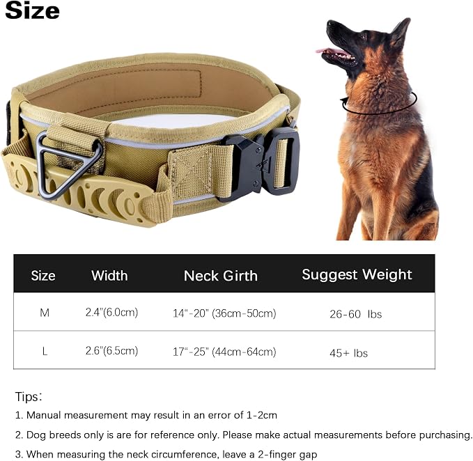 Tactical Dog Collar with Handle for Large Dogs, 2.5"Wide Thick Heavy Duty Metal Buckle Dog Collar with Soft Neoprene Padded Lining, Military Service Reflective Collar for Training(Khaki,L,XL)