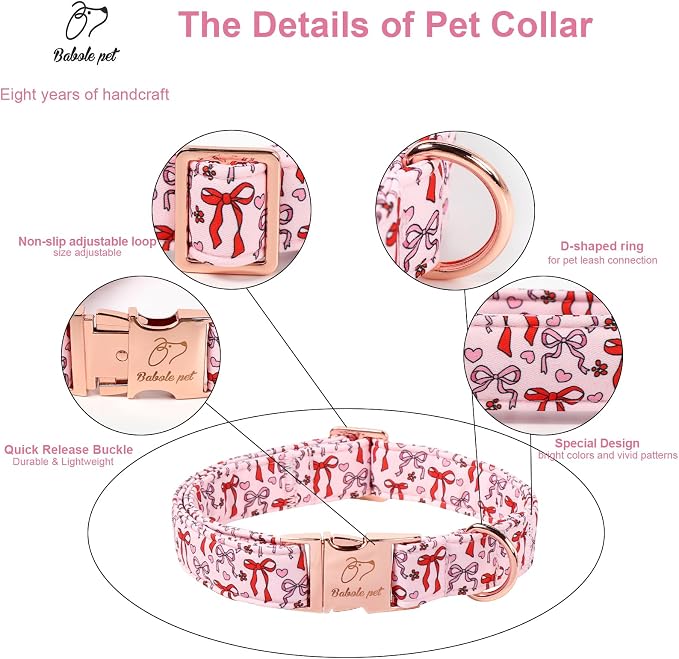 Pink Dog Collar for Female Medium Dogs - Cute Bow Pattern Girl Dog Collar for Spring Summer, Adjustable Heavy Duty Pet Valentines Collars with Metal Buckle M