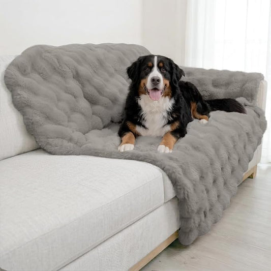 Paw Inspired Waterproof Dog Blanket, Soft Faux Fur Throw with Fur-Resistant Fleece, Washable Pet Blanket, Waterproof Protection for Couch, Bed, Furniture, Crate, Car (80x60, Gray)