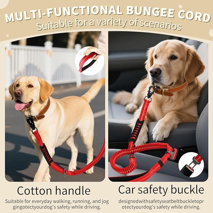 Heavy Duty Tactical Dog Leash, 4-6FT Shock Absorbing Bungee Lead with 2 Padded Handles, Metal Carabiner & Seatbelt Clip, Reflective No-Pull Leash for Medium/Large Dogs (Red)